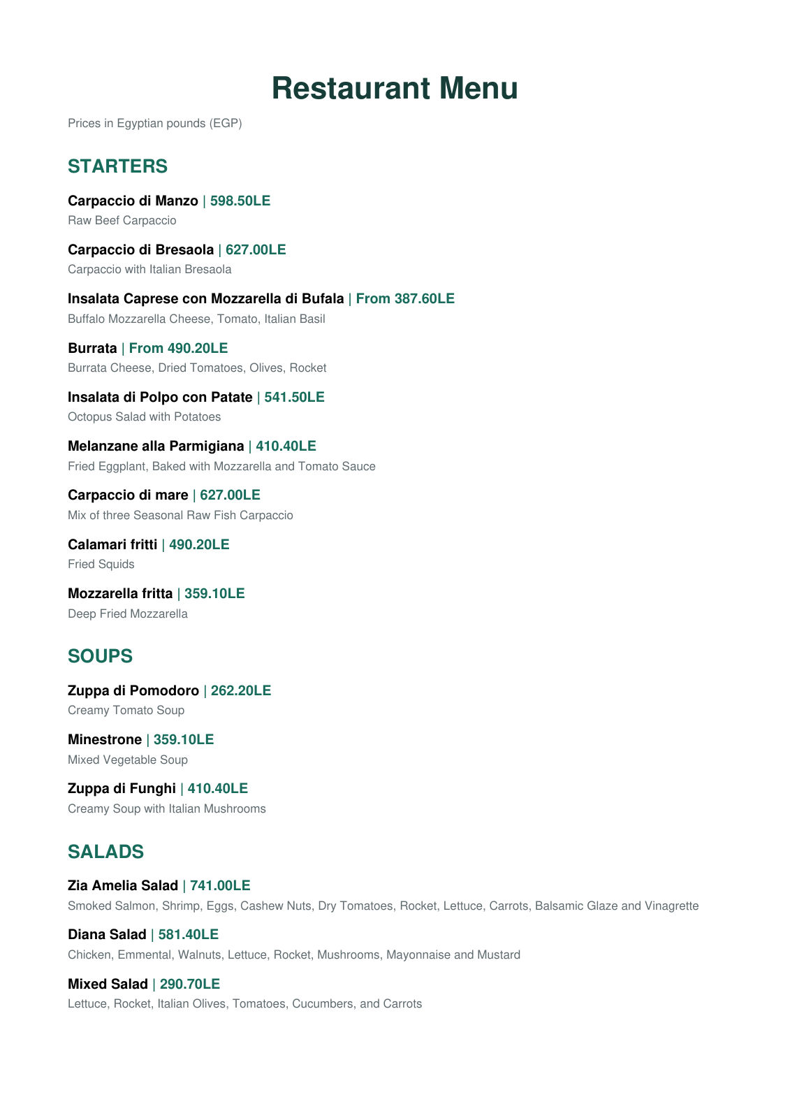Zia Amelia Restaurant - U Venues Mall, New Cairo menu photo 1